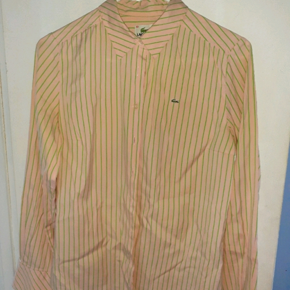 Lacoste Pink Green Striped Blouse, Size 40